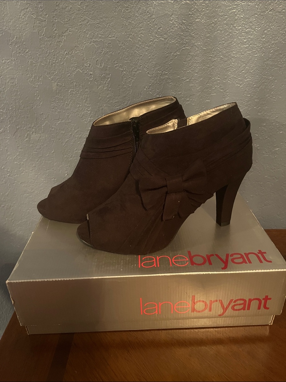 Lane Bryant Black Faux Suede Peep-Toe Heel Booties with Decorative Bow